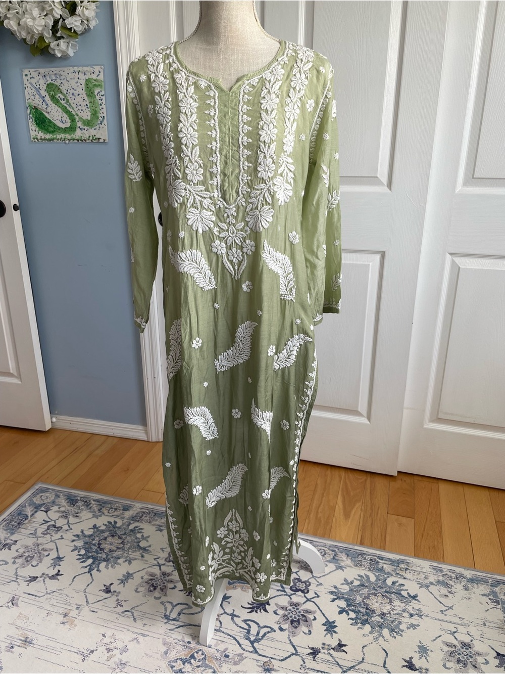 Chikankari Muslin Ombré Long Kurta/Cover Up-Olive Green-Medium-NWT